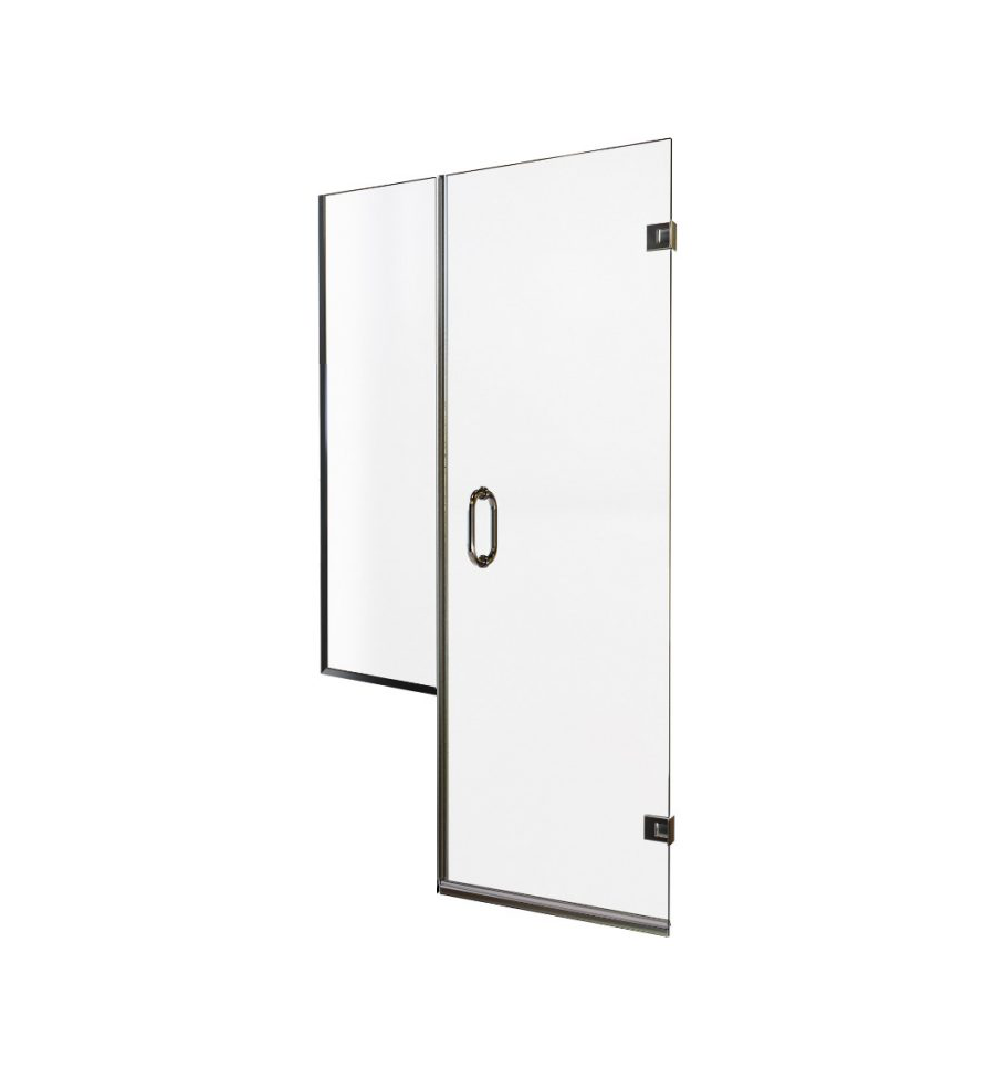 Shower door right hinged with half wall fixed shower screen.