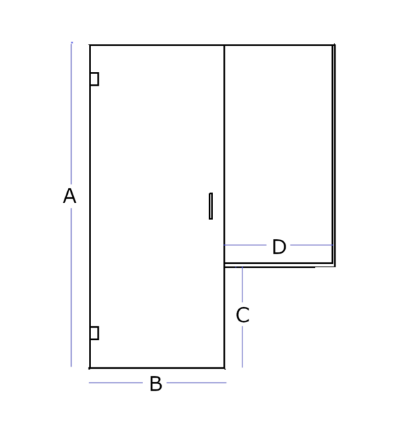 Shower door with fixed panel cut to a shower seat or wall technical.