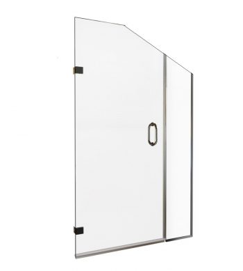 left hinged angled shower door and sloping fixed panel